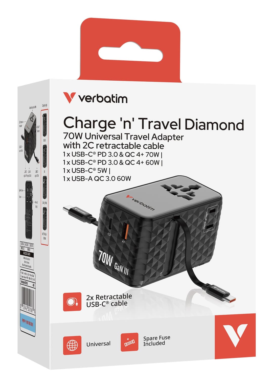 Verbatim Charge 'n' Travel 70W 2C retractable Universal Travel Adapter Black - Image 3