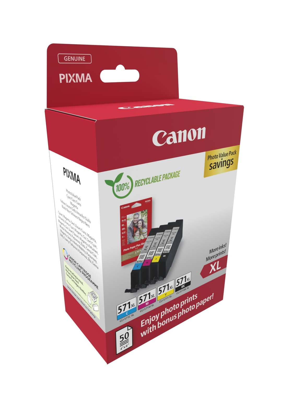 Canon CLI-571XL Photo Value Pack (0332C006), 4 x High Yield Ink Cartridges Black, Cyan, Magenta, Yellow + PP-201 Photo Paper 50 Sheets - Image 2