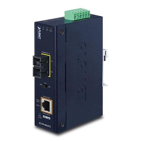 PLANET IP30 Industrial 10/100/1000BASE-T to 1000BASE-LX Media Converter with 802.3at PoE+ (Single-mode, 10km, -40 to 75°C, 12-48V DC)