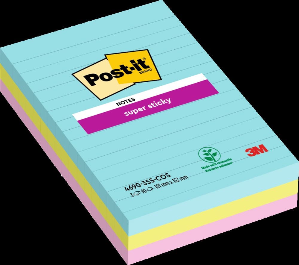 Post-It Pack of 3 Super Sticky Notes 101x152mm Ruled Cosmic Colours - Image 1