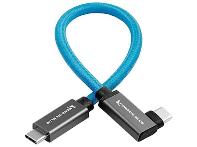 Kondor Blue USB-C to USB-C Braided Cable 12 Inch Right Angle - 100W Fast Charging, 10Gbps Data Transfer, 6K SSD Video Recording for BMPCC 4K/6K, Z CAM and Samsung T5/T7