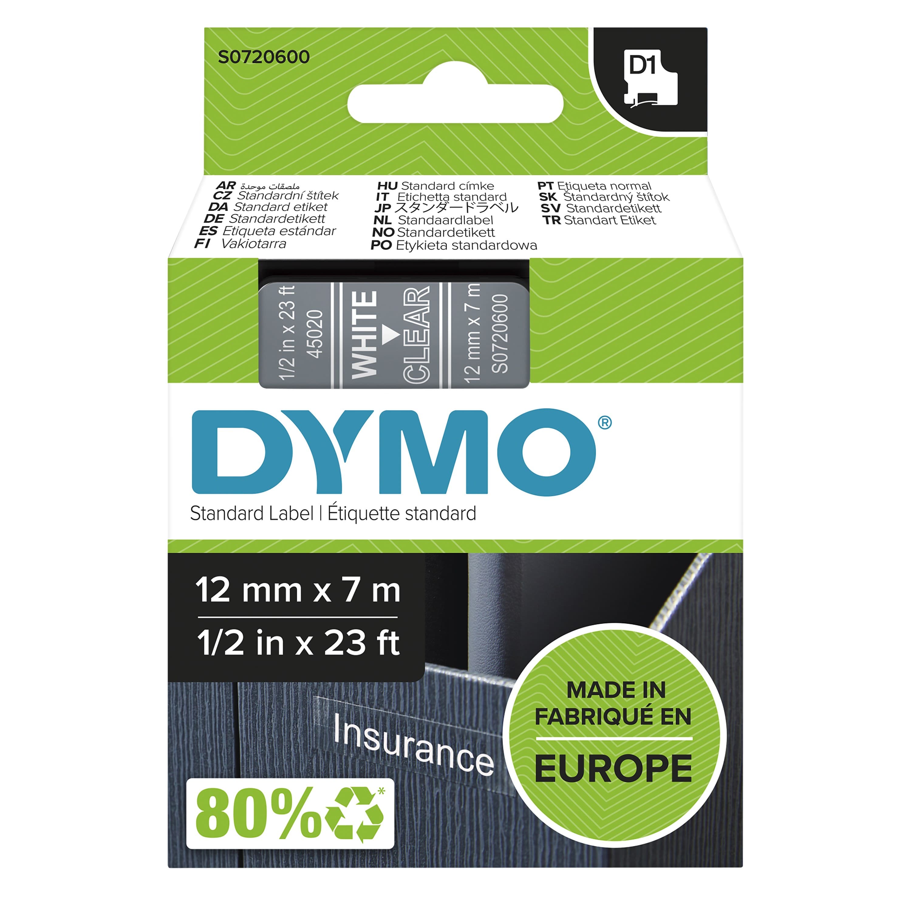 DYMO D1 Label Tape 12mm x 7m - White on Clear