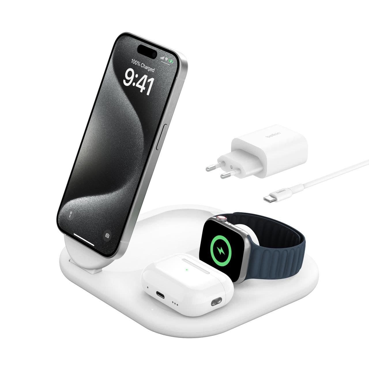 Belkin BoostCharge 3-in-1 Magnetic Foldable Qi2 15W Wireless Charger - White, EU Plug