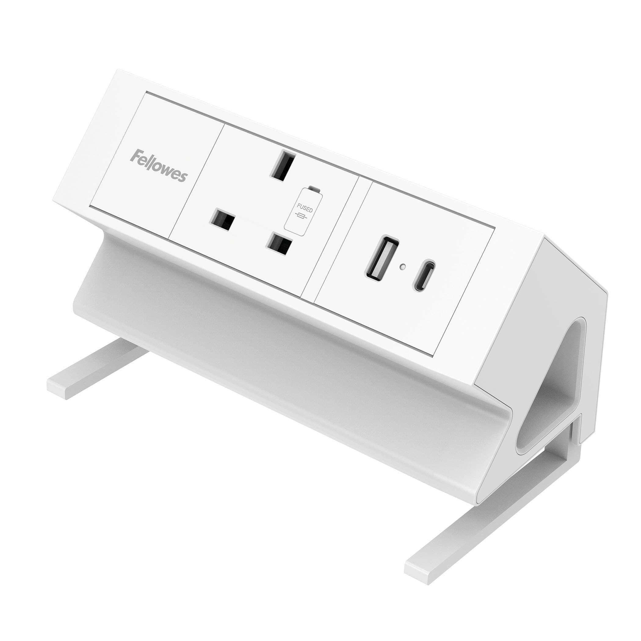 Fellowes Power Desk Desktop Power Module, 1 UK Socket + USB-A & USB-C - White