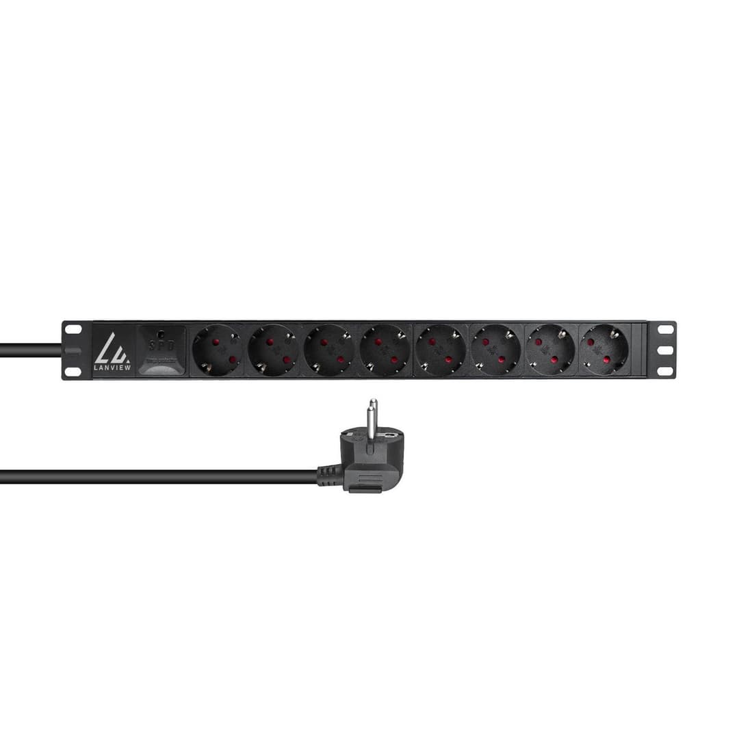 Lanview 19" Rack Mount Power Strip with Surge Protection, 2m Cable, Schuko Plug - Image 1