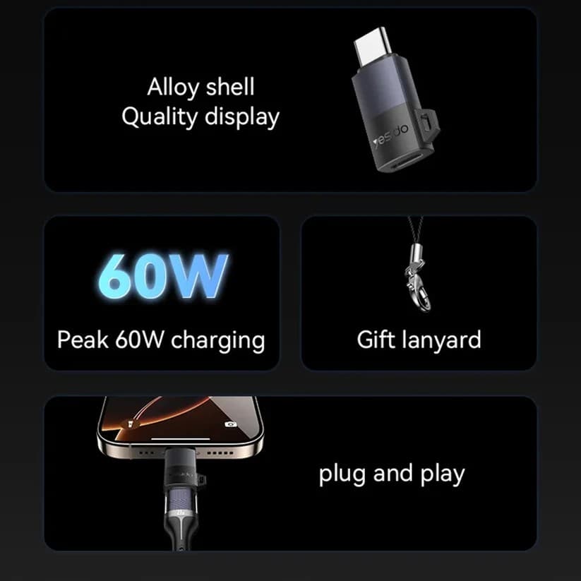 Yesido GS28 Lightning to USB-C Data and Charging Adapter - Grey - Image 6