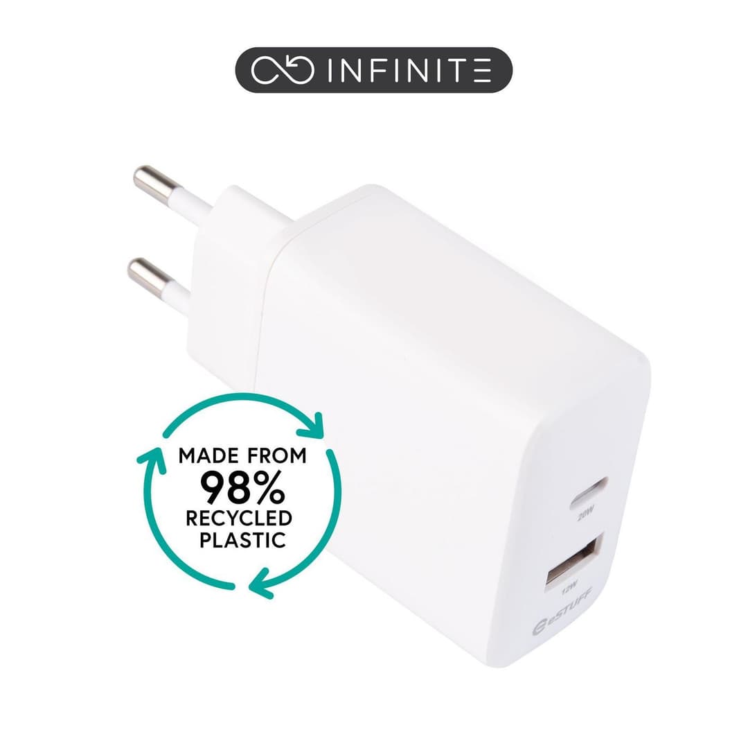 eSTUFF INFINITE (GRS) Dual Charger USB-C 20W PD + USB-A 12W, EU Plug - White, Bulk Pack - Image 1
