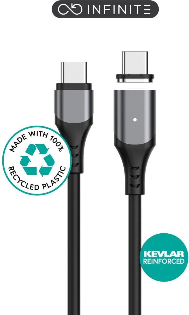 eSTUFF INFINITE Magnetic USB-C to USB-C Cable 2m Black, USB 2.0, 100W PD, 2 x USB-C Tips (ES604265-BULK) - Bulk Pack - Image 1