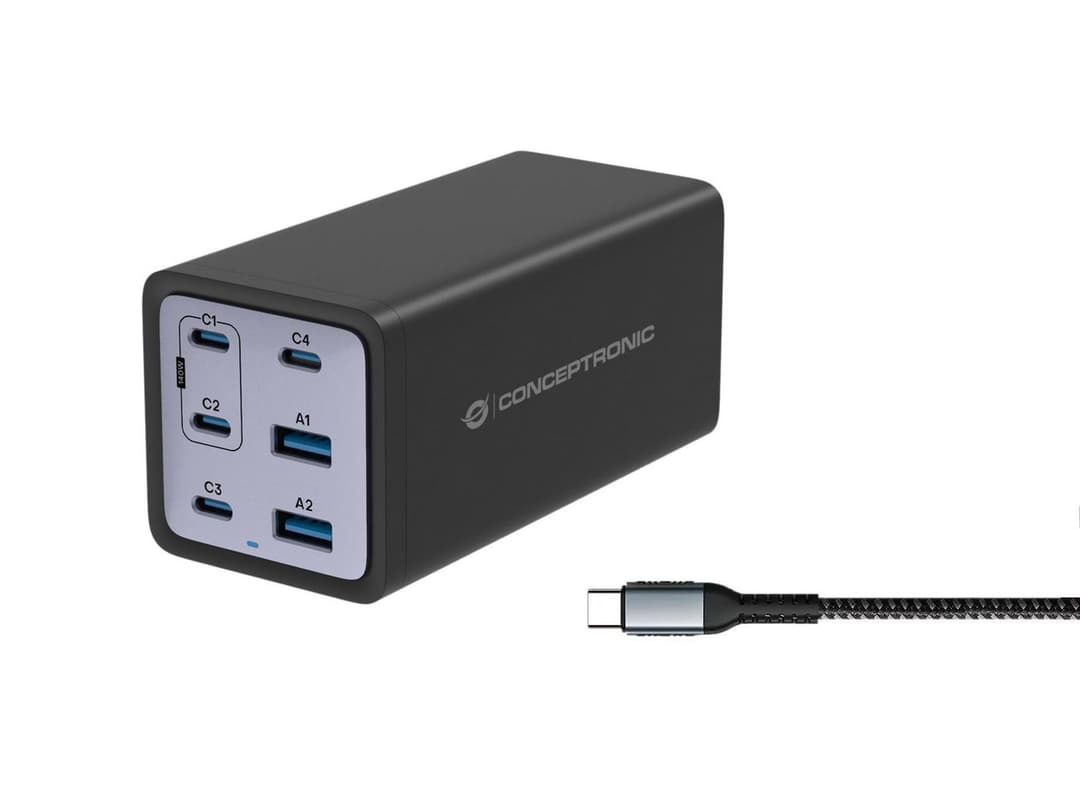 Conceptronic OZUL06BE 6-Port 200W GaN USB PD Charger with USB-C Charging Cable, 4x USB-C, 2x USB-A, QC 3.0, PD 3.1, PPS - Image 1