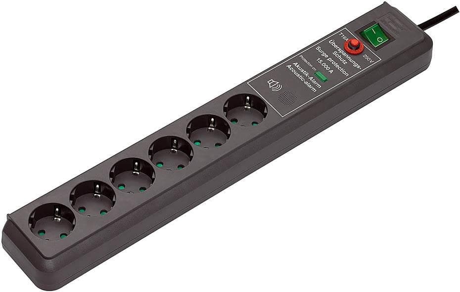 Brennenstuhl Secure-Tec 19.500A 6-Way Surge-Protected Extension Lead with Acoustic Alarm 3m Anthracite (EU Schuko) - Image 1