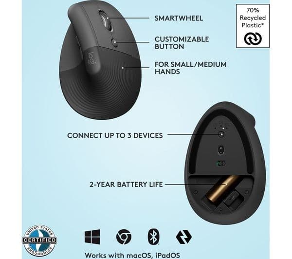 Logitech Lift Vertical Ergonomic Mouse - Graphite - Image 6