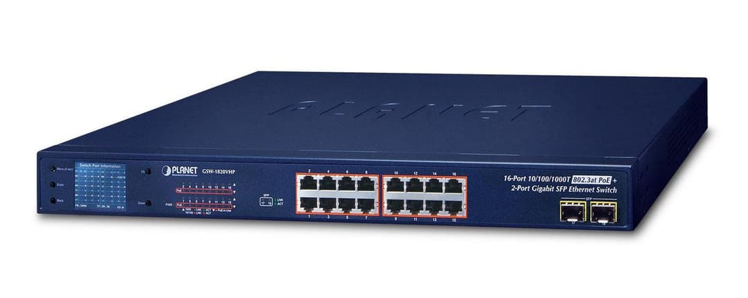 PLANET 16-Port 10/100/1000T 802.3at PoE + 2-Port 1000X SFP Gigabit Switch with Smart Colour LCD (300W PoE Budget) - Image 1