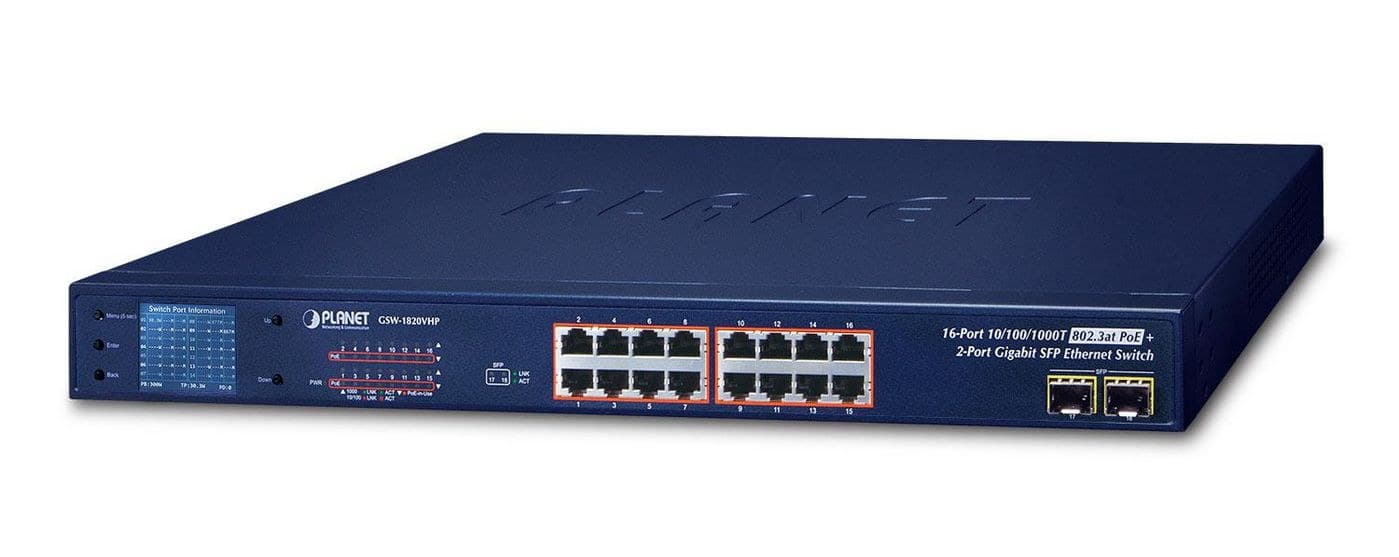 PLANET 16-Port 10/100/1000T 802.3at PoE + 2-Port 1000X SFP Gigabit Switch with Smart Colour LCD (300W PoE Budget)