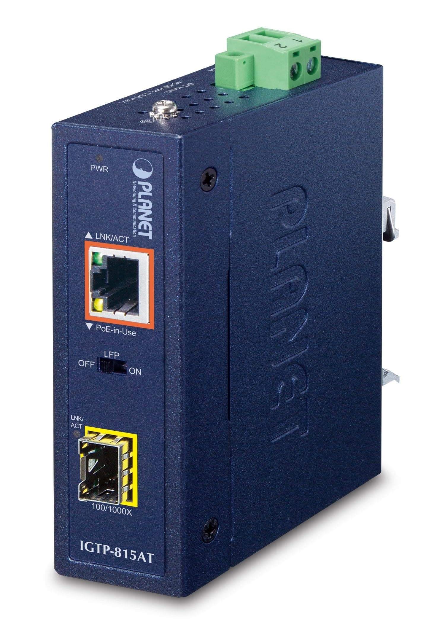 PLANET IGTP-815AT Industrial Gigabit PoE+ Media Converter - 100/1000BASE-X SFP to 10/100/1000BASE-T 802.3at, IP30, -40 to 75°C