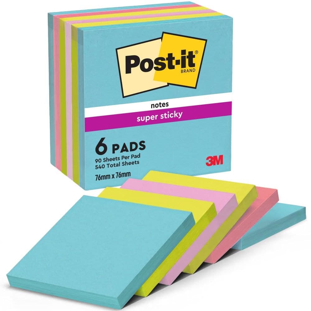 Post-It Pack of 6 Super Sticky Notes 76x76mm 90 Sheets Cosmic Colours - Image 1