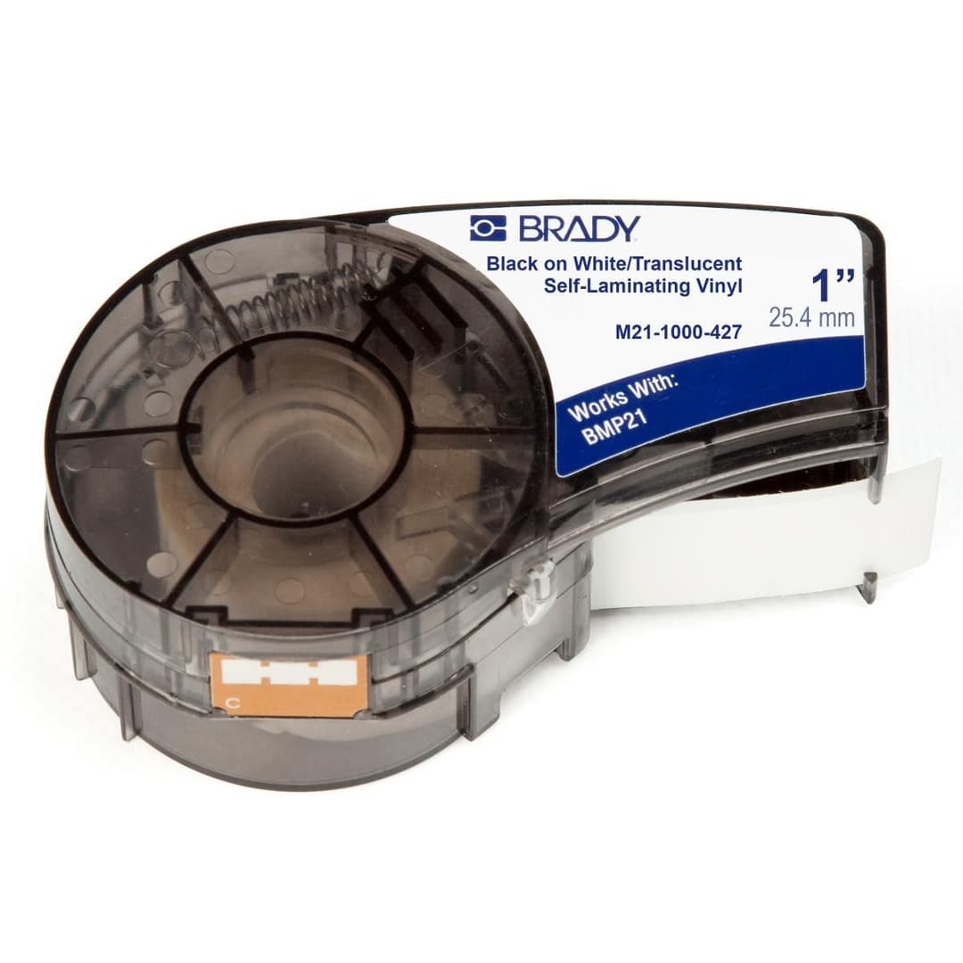 Brady M21-1000-427 Self-Laminating Vinyl Label Tape 25.40mm x 4.30m Black on White/Clear for M210/M211/BMP21-PLUS/BMP21-LAB/BMP21 - Image 1