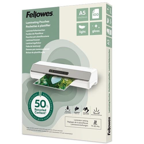 Fellowes Recycled Laminating Pouches 80 Micron (Pack of 100) - A5 Gloss - Image 1