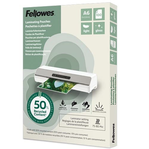 Fellowes Recycled Laminating Pouches 80 Micron (Pack of 100) - A6 Gloss