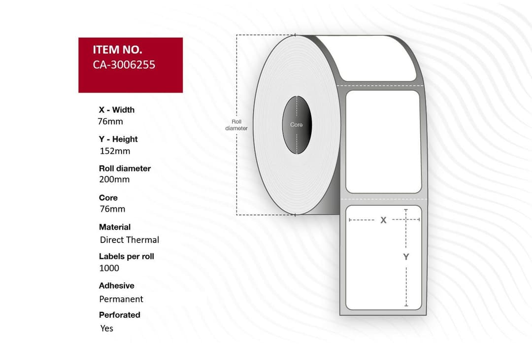 Capture CA-3006255 Direct Thermal Labels 76 x 152mm, 76mm Core, Uncoated, Permanent, Perforated, 1000 per Roll (6 Rolls) - Image 1