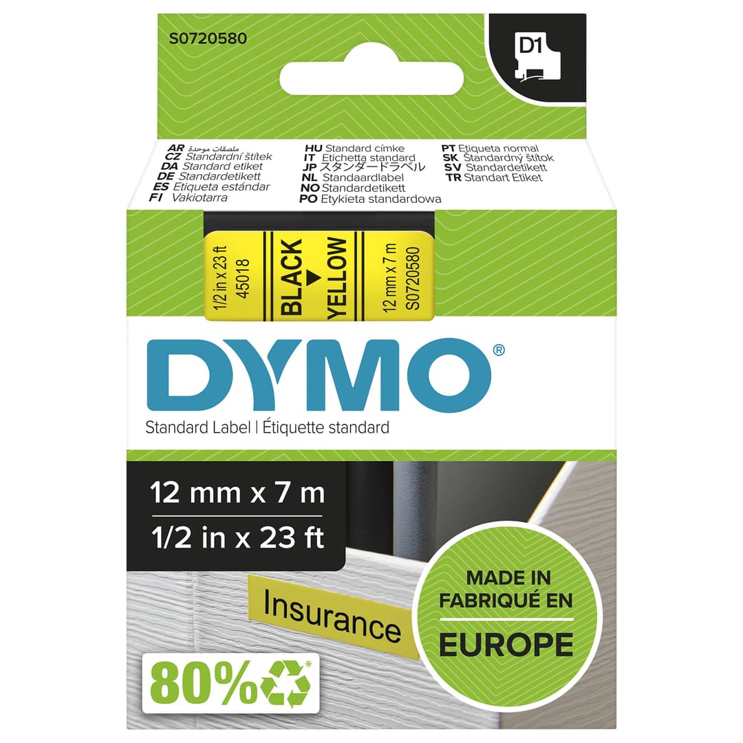 DYMO D1 Label Tape 12mm x 7m - Black on Yellow - Image 1