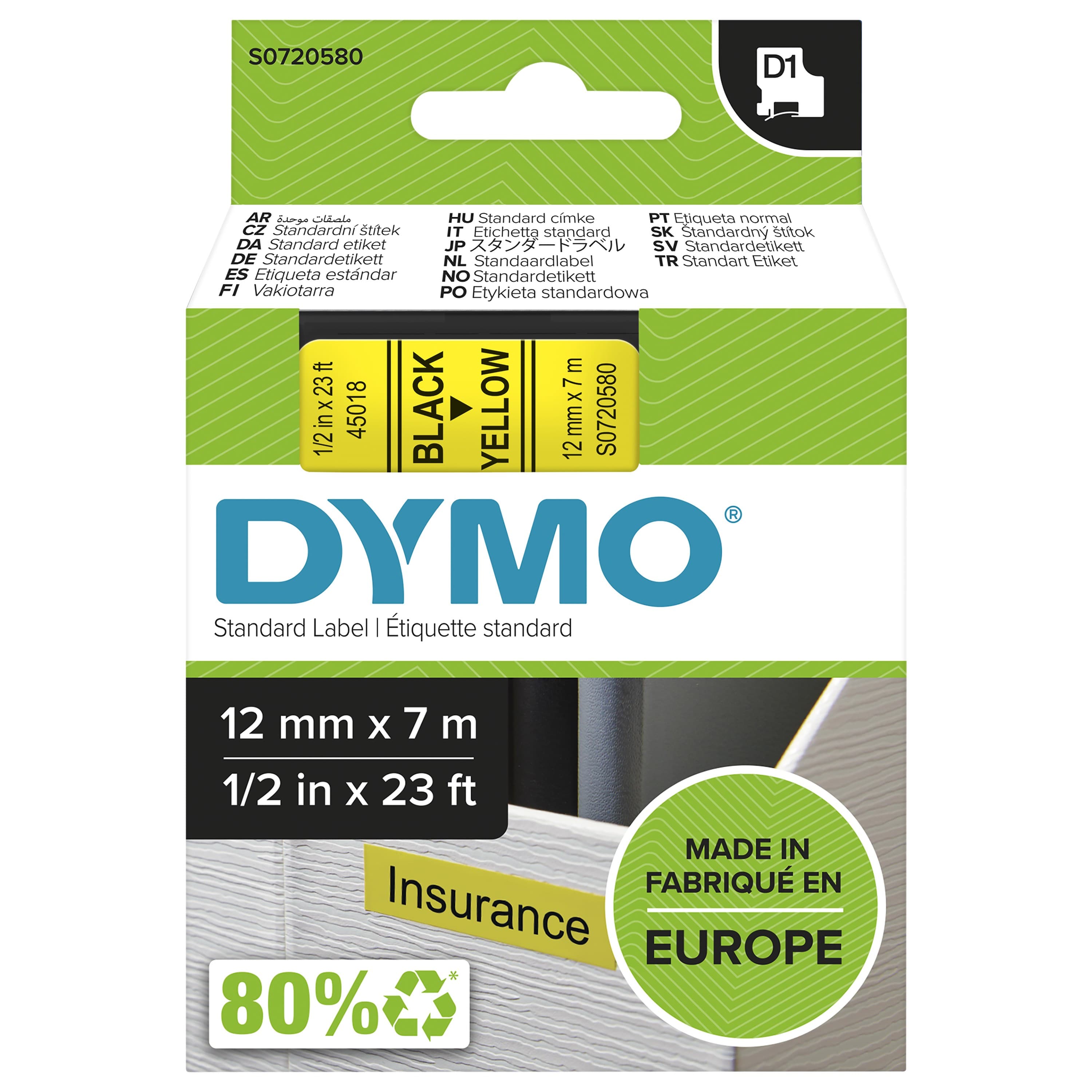 DYMO D1 Label Tape 12mm x 7m - Black on Yellow