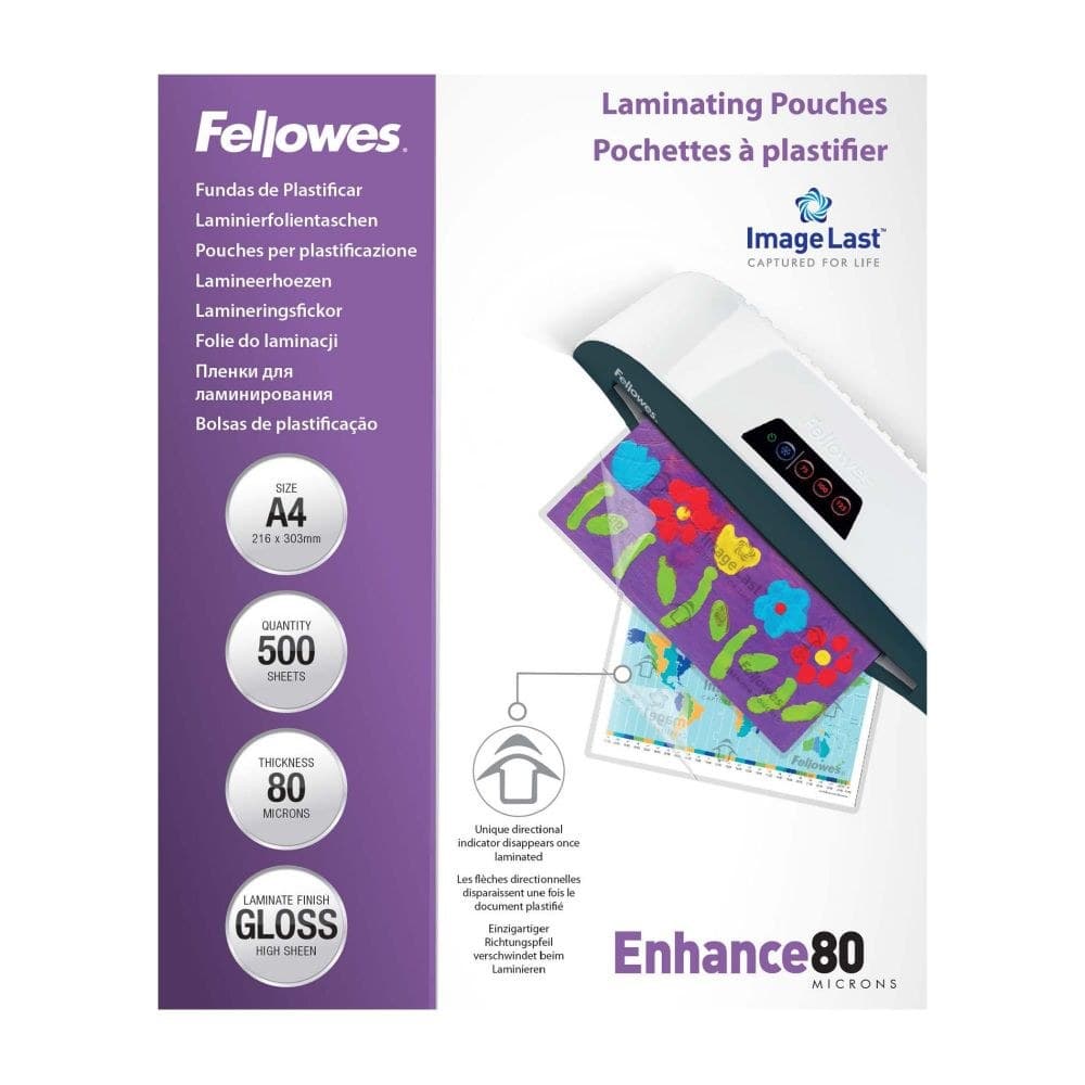 Fellowes A4 Laminating Pouches Gloss Finish 500 Sheets 80 Micron High Quality Finish - Image 1