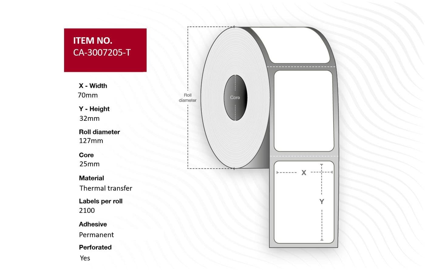 Capture CA-3007205-T Thermal Transfer Labels 70 x 32mm, 25mm Core, Coated, Permanent, Perforated, 2100 per Roll (4 Rolls)