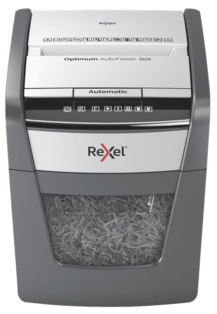 Rexel Optimum AutoFeed+ 50X Automatic Paper Shredder Cross-Cut P-4 50 Sheet Auto Feed 20L Bin 55 dB 22 cm Entry Width Black, Silver