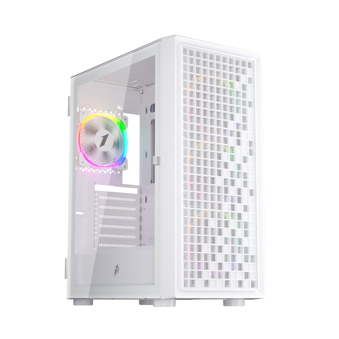 1st Player Go6-WH-4FS1 Tempered Glass Mid Tower Gaming Case - White with RGB Fans - Image 1