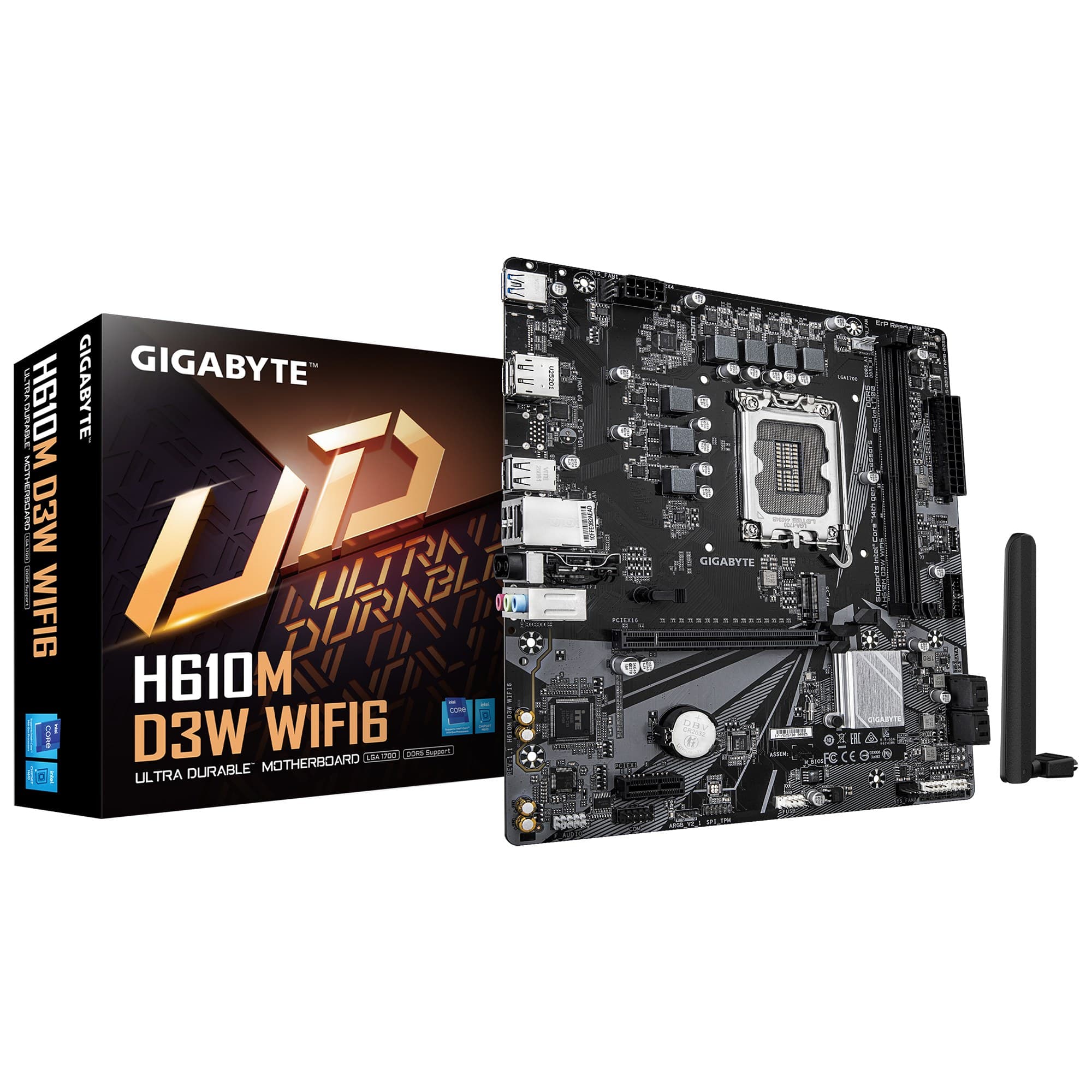 GIGABYTE H610M D3W Micro-ATX Motherboard - LGA1700, Supports 14th Gen. Intel Core CPUs, 5+1+1 phases VRM, up to 5600MHz DDR5, 1xPCIe 3.0 M.2, 1GbE LAN, USB 3.2 Gen 1 - Wi-Fi 6