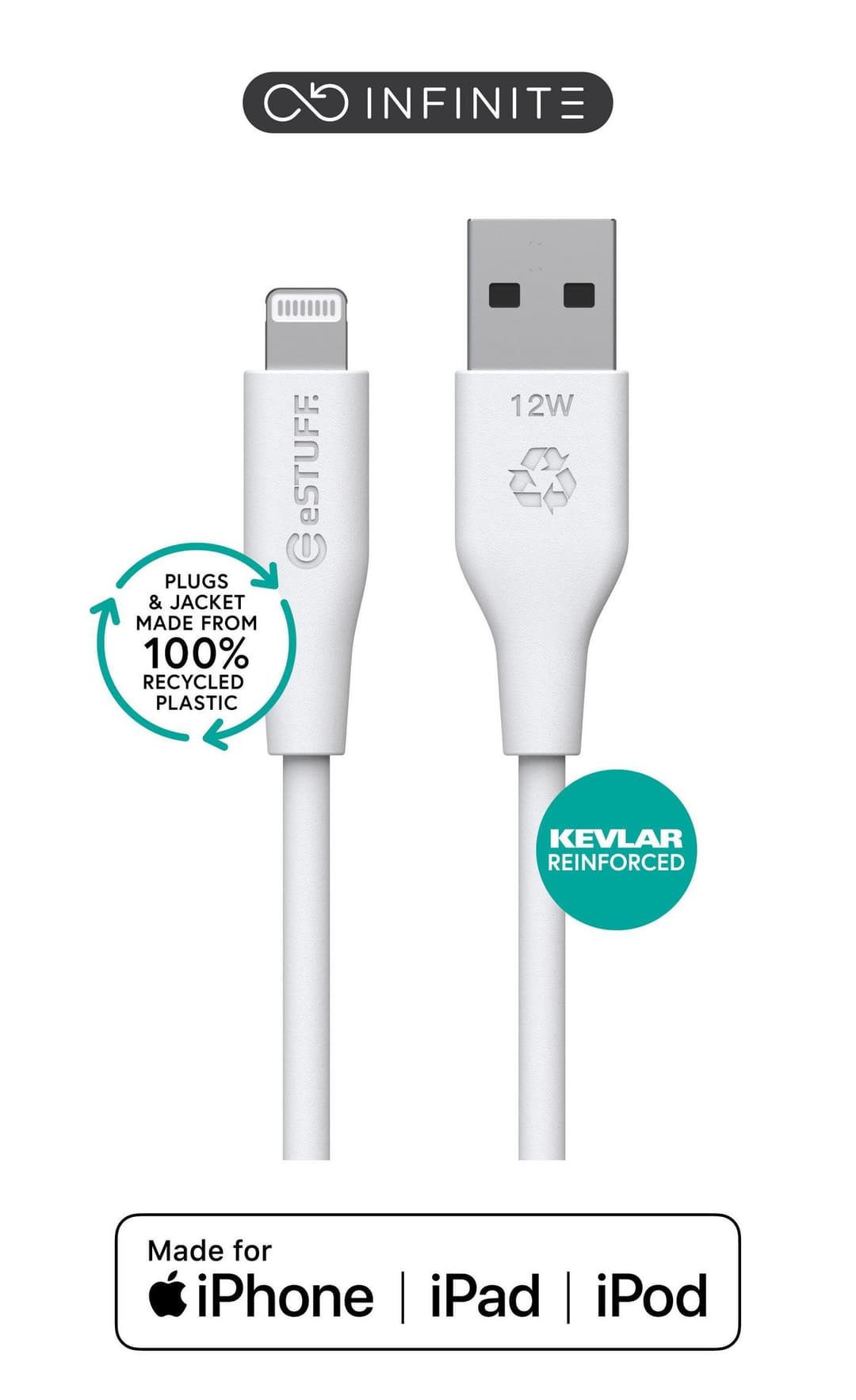eSTUFF ES601170-BULK INFINITE USB-A to Lightning Cable MFi 1m White - Image 1