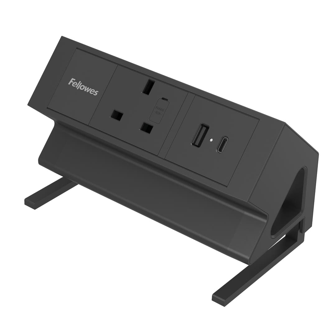 Fellowes Power Desk Desktop Power Module, 1 UK Socket + USB-A & USB-C - Black - Image 1