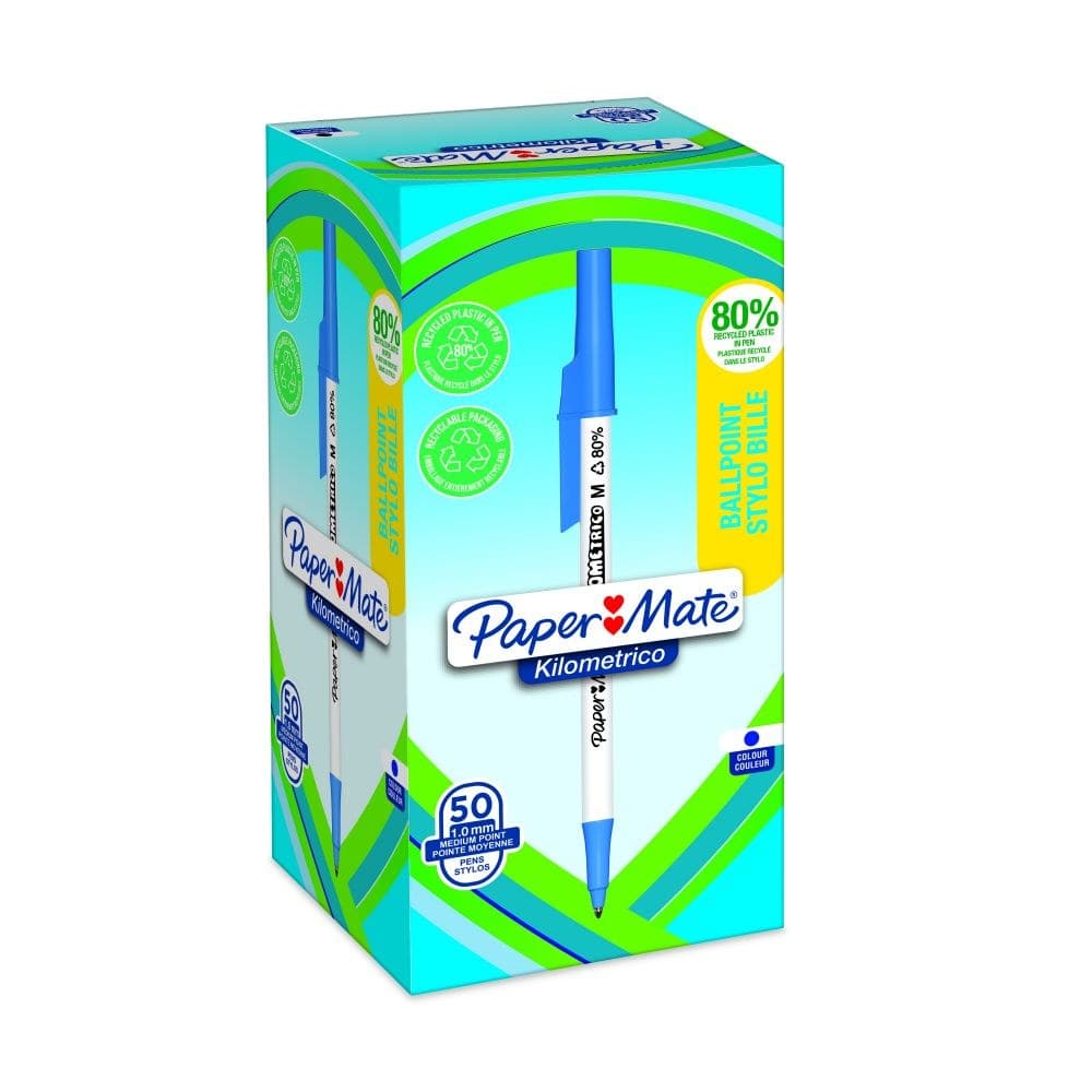 Paper Mate Kilometrico Recycled Ballpoint Pen Medium 1.0mm Pack of 50 - Blue - Image 1