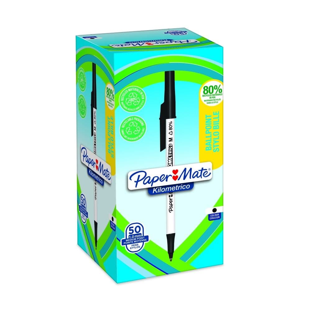 Paper Mate Kilometrico Recycled Ballpoint Pen Medium 1.0mm Pack of 50 - Black - Image 1