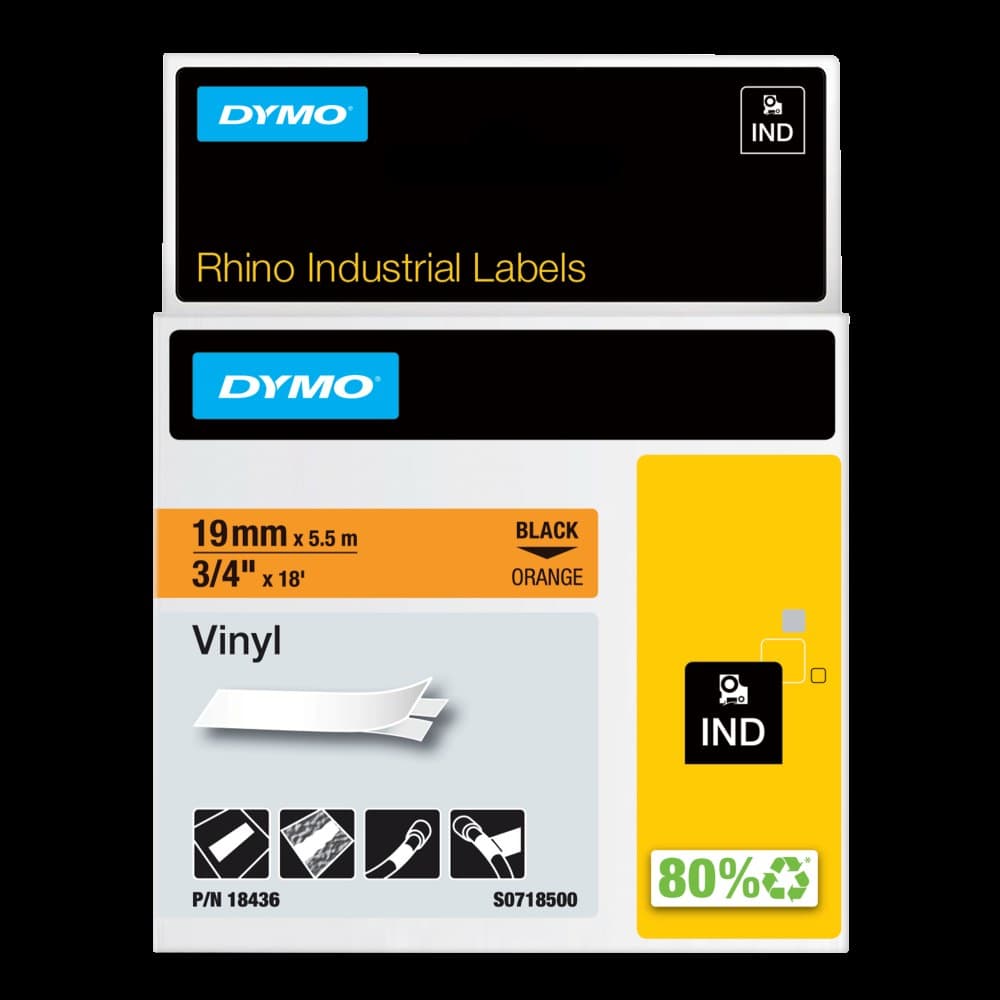Dymo 18436 Rhino 19mm x 5.5m Black on Orange Permanent Vinyl Tape - S0718500 - Image 1