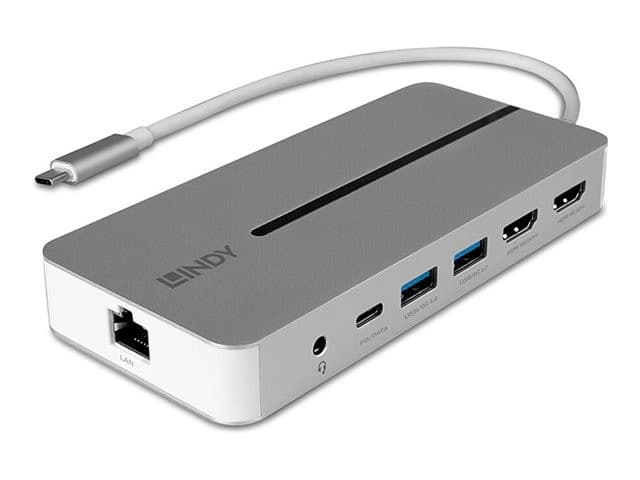 Lindy DST-Mx Duo USB-C Docking Station, 2x 4K HDMI, 100W PD, Gigabit Ethernet (43360), Silver White
