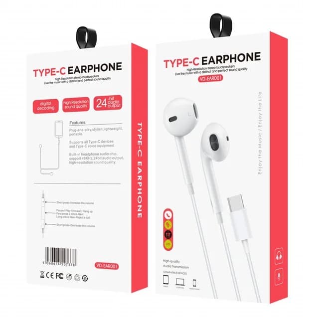 Ven-Dens Type-C Earphones, High-Resolution Sound & Plug-and-Play Convenience, VD-EAR001 - White - Image 2