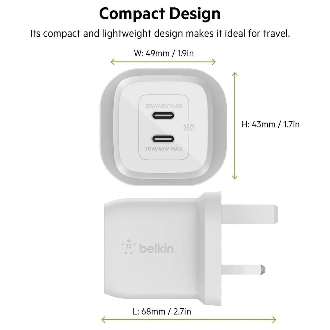 Belkin 45W Power Delivery Dual USB-C GaN Wall Charger-White - Image 6