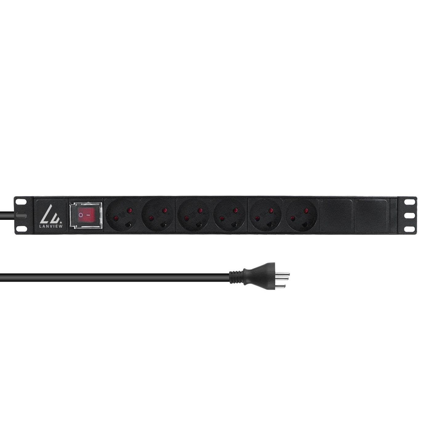 Lanview 19" 1U Rack Mount Power Strip, ON/OFF Switch, 13A, 6 x Danish Type K Sockets, 3m Cable with Type K Plug