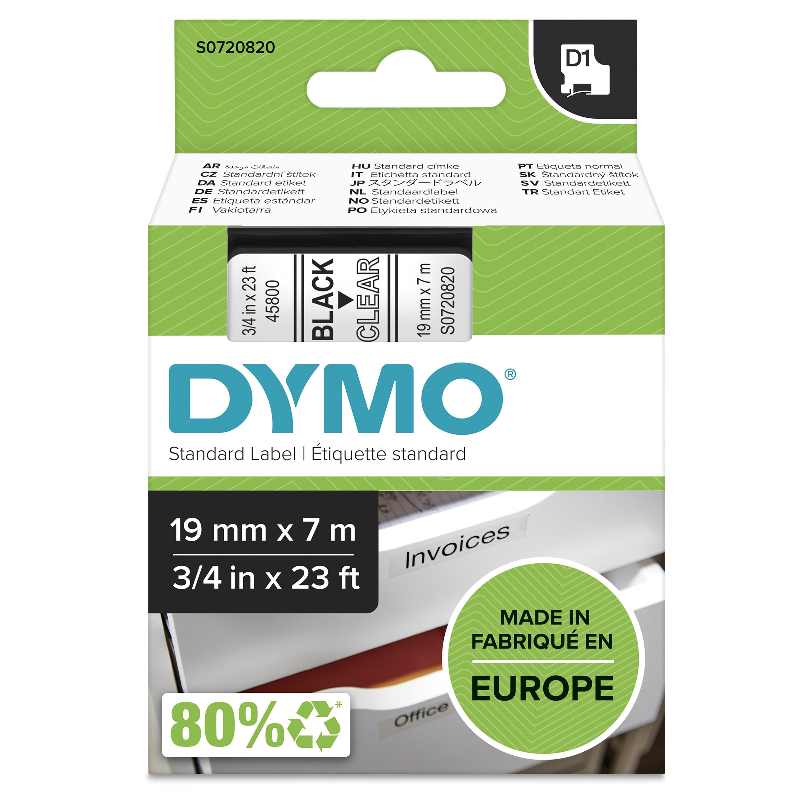 Dymo D1 Label Tape 19mm x 7m - Black on Clear