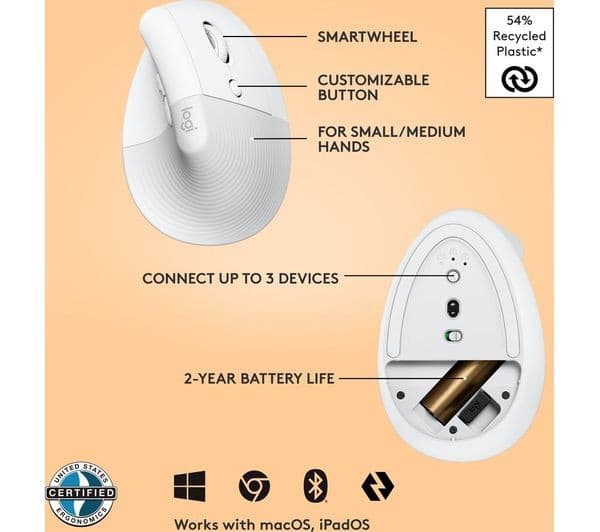 Logitech Lift Vertical Ergonomic Mouse - White - Image 6
