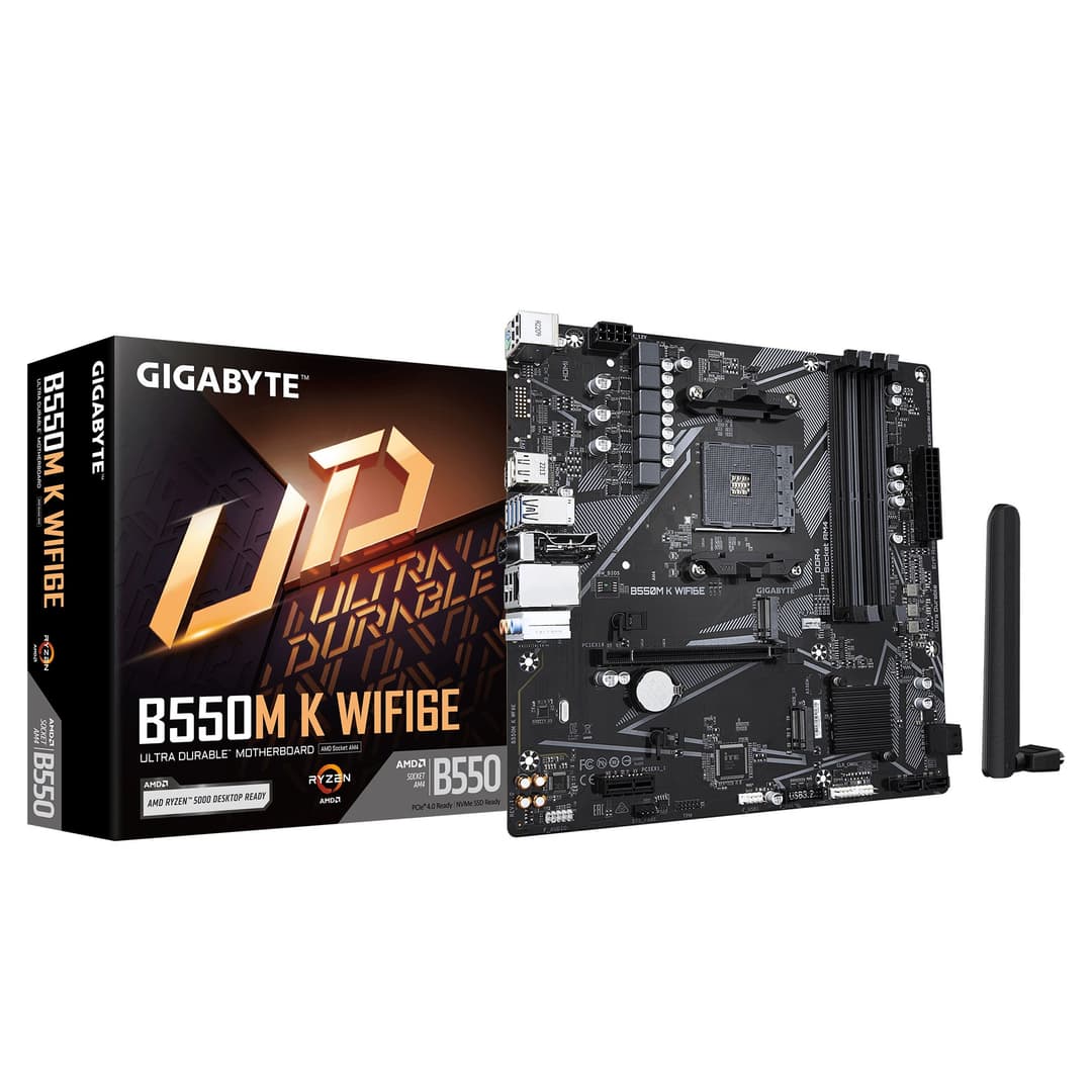 GIGABYTE B550M K WIFI6E Motherboard - AMD Ryzen 5000 CPUs, up to 4733MHz DDR4, 1xPCIe 4.0 + 1xPCIe 3.0 M.2, WIFI 6E, 1GbE LAN, USB 3.2 Gen 1 - Image 1