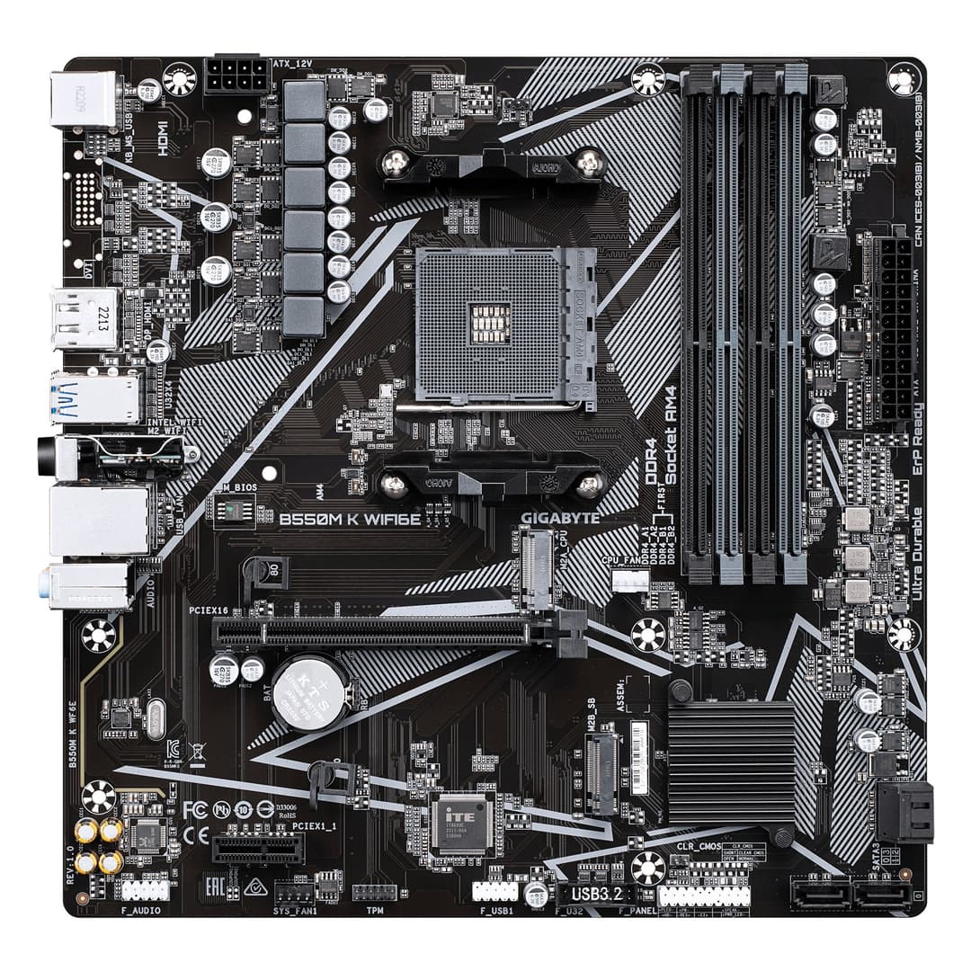 GIGABYTE B550M K WIFI6E Motherboard - AMD Ryzen 5000 CPUs, up to 4733MHz DDR4, 1xPCIe 4.0 + 1xPCIe 3.0 M.2, WIFI 6E, 1GbE LAN, USB 3.2 Gen 1 - Image 2