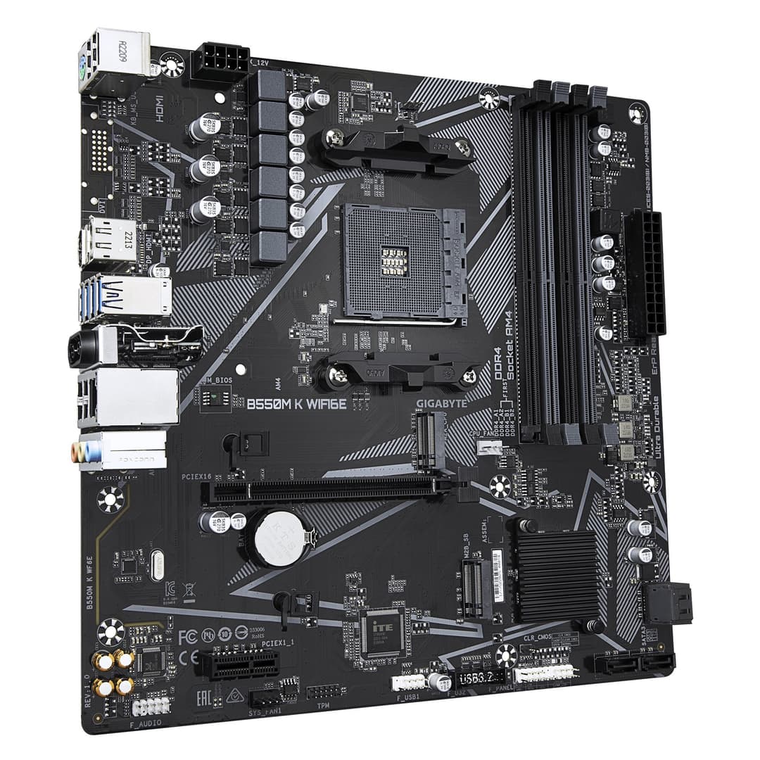 GIGABYTE B550M K WIFI6E Motherboard - AMD Ryzen 5000 CPUs, up to 4733MHz DDR4, 1xPCIe 4.0 + 1xPCIe 3.0 M.2, WIFI 6E, 1GbE LAN, USB 3.2 Gen 1 - Image 3
