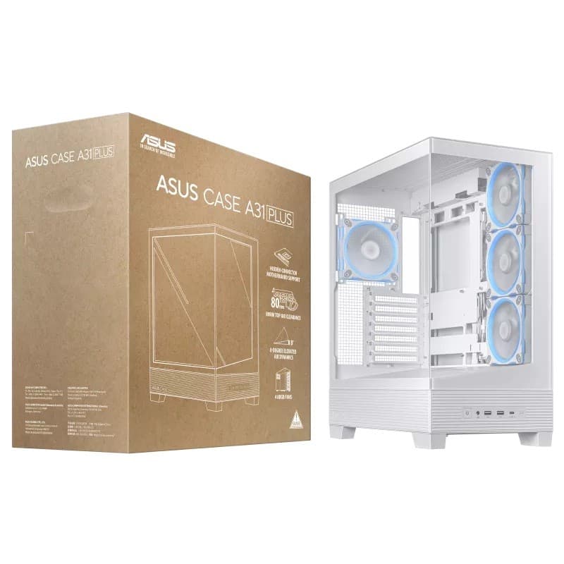 ASUS A31 PLUS TG ARGB Tempered Glass Mid Tower ATX Gaming PC Case - White