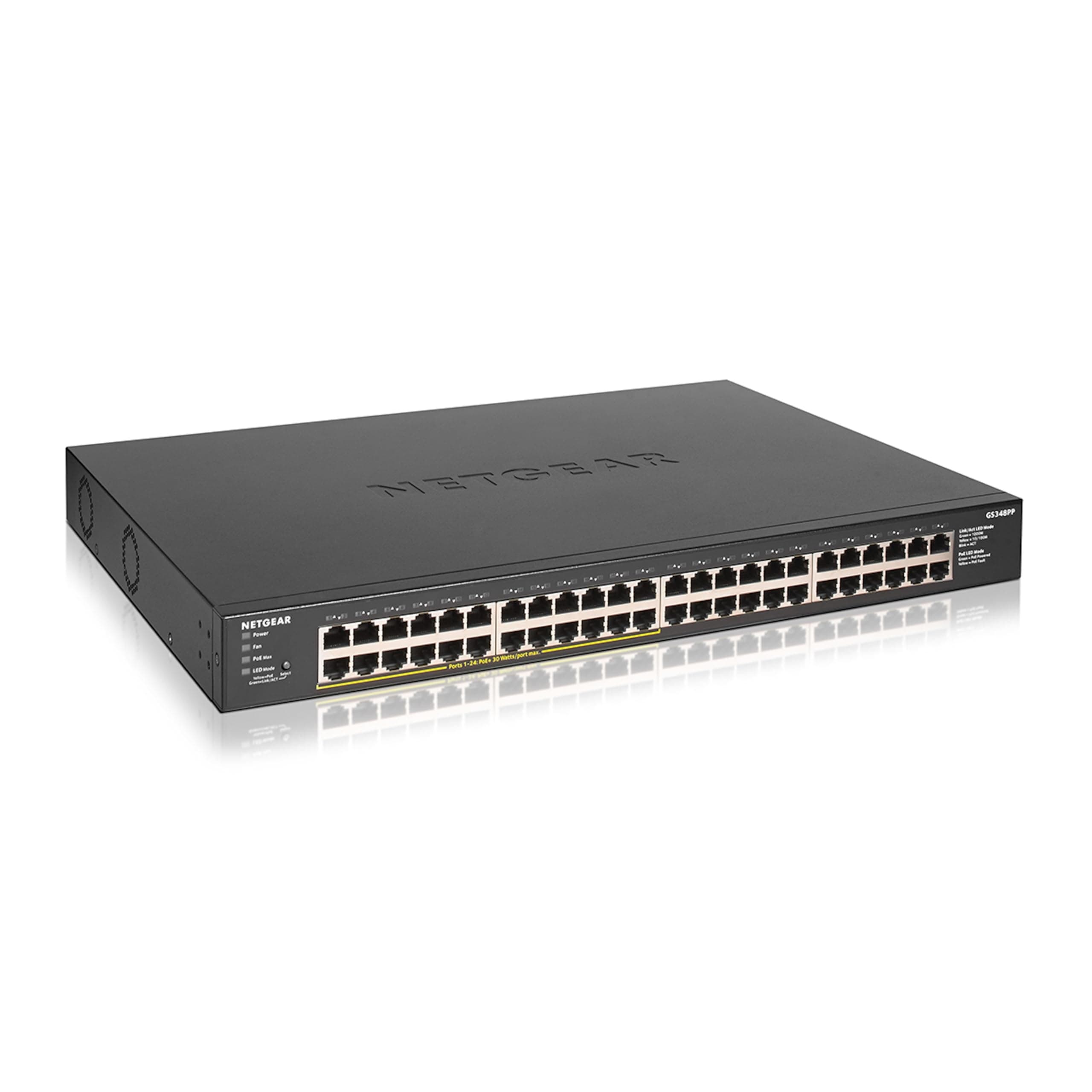 NETGEAR GS348PP 48-Port Gigabit Unmanaged PoE+ Network Switch, 24 PoE+ Ports, 380W, Rackmount - Black