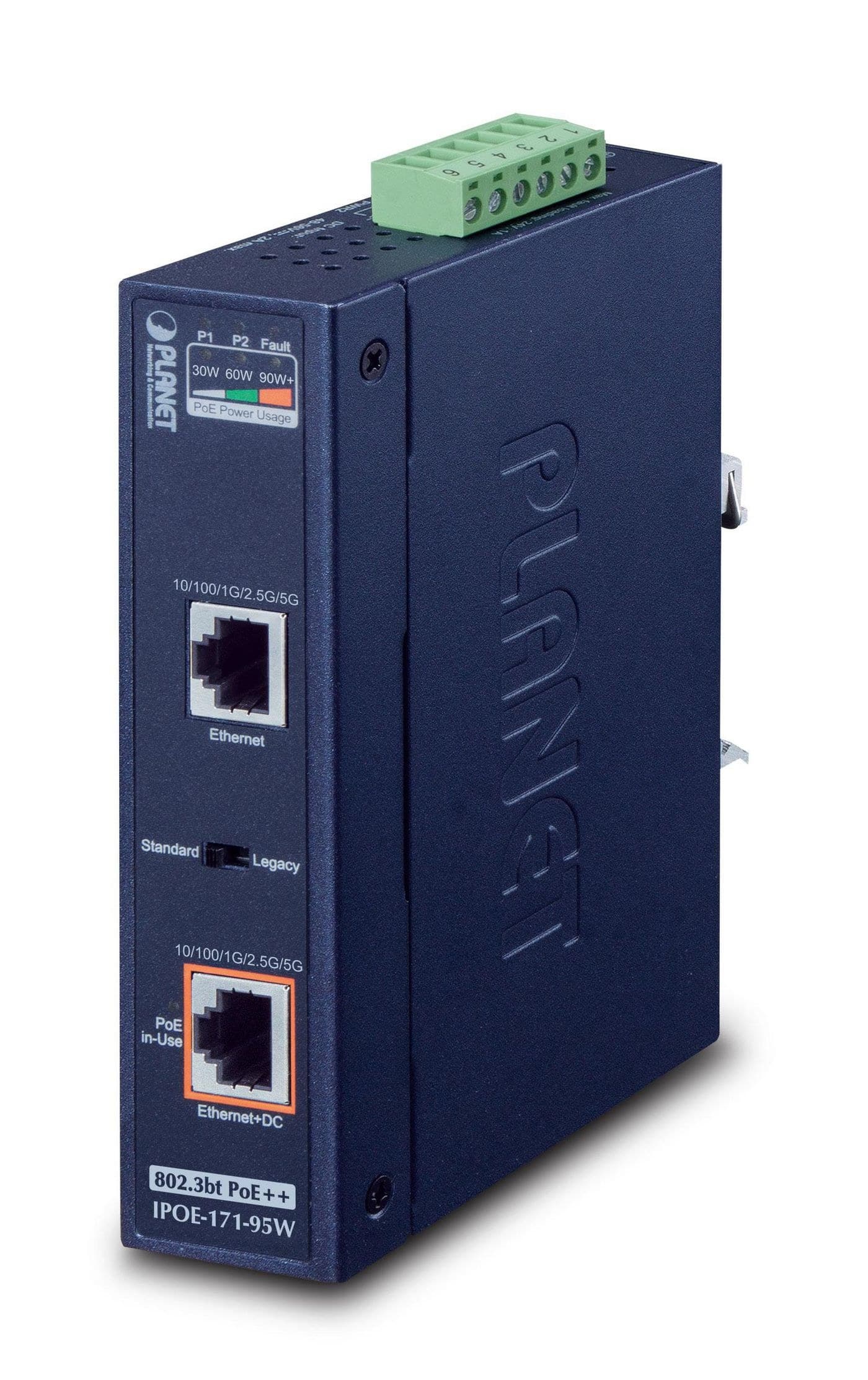 PLANET IPOE-171-95W Industrial Single-Port Multi-Gigabit 802.3bt PoE++ Injector, 95W, IP30