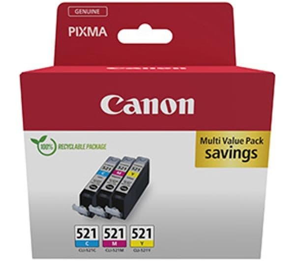 CANON CLI-521 Cyan, Magenta & Yellow Ink Cartridges - Multipack - Image 1