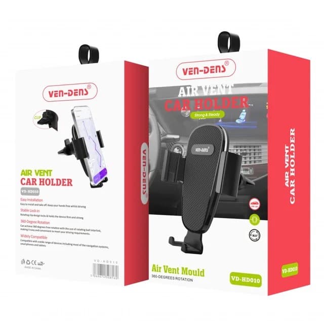 Ven-Dens Air Vent Mould Car Phone Holder – 360° Rotation & Secure Lock-in Grip, VD-HD010 - Black - Image 2