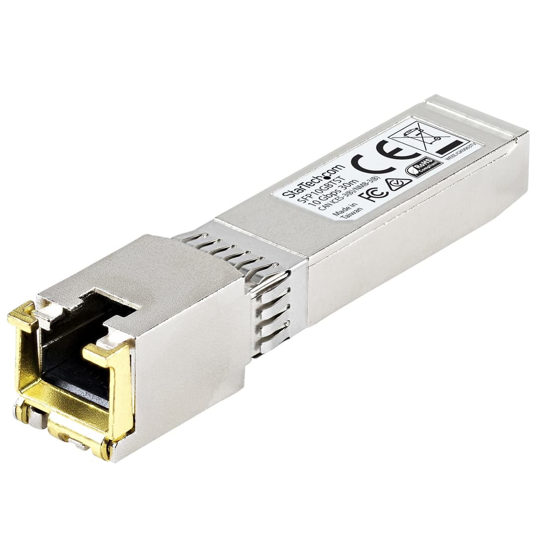 StarTech.com MSA Compliant Uncoded SFP+ Transceiver Module - 10GBASE-T - SFP to RJ45 Cat6/Cat5e Copper - 10GE Gigabit Ethernet SFP+ - RJ-45 30m (SFP10GBTST) - Image 1